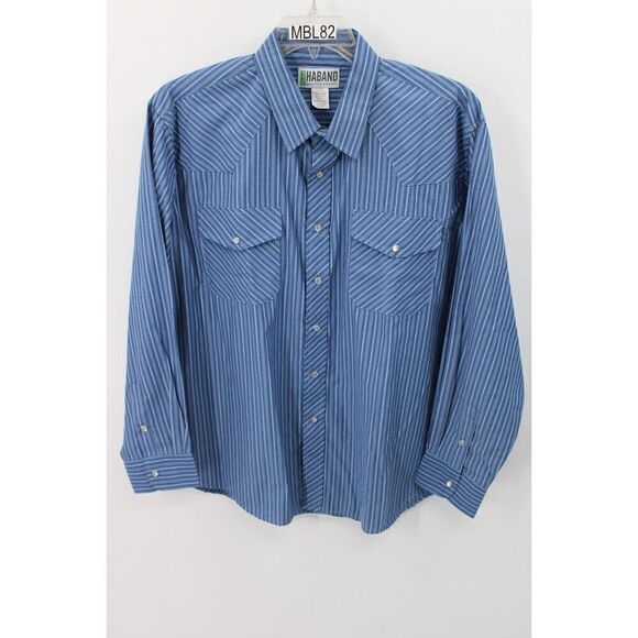 Haband WESTERN SHIRT Blue Striped Pearl Snaps Pocket Long Sleeve Cowboy Men's L - Picture 1 of 8